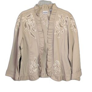 Chicos Khaki Cotton Embroidered Paisley Open Jacket Casual Blazer Women's 2